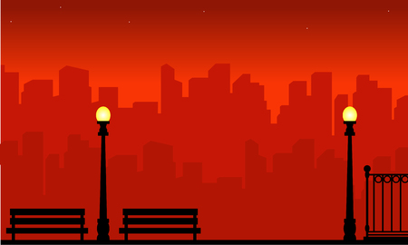 On red background city with street lamp sceneryのイラスト素材