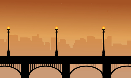Bridge with street lamp silhouettes beauty sceneryのイラスト素材