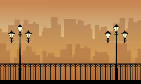 Silhouette of fence and street lamp landscapeのイラスト素材