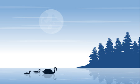 Silhouette of swan scenery style.のイラスト素材