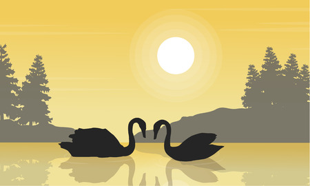 Silhouette of swan beauty landscape on lakeのイラスト素材