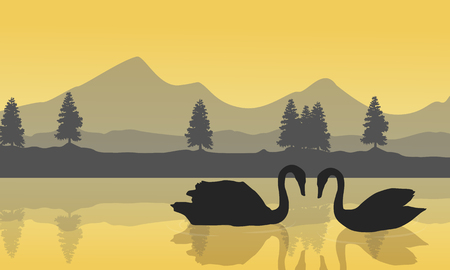 Landscape of swan on the lakeのイラスト素材