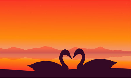 Silhouette of two swan at sunset sceneryのイラスト素材
