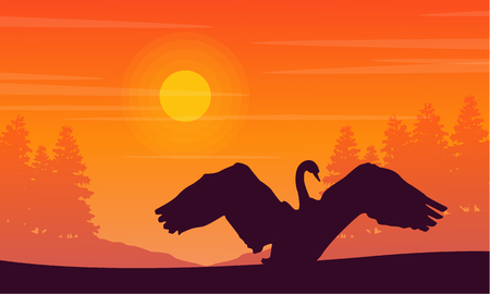 Silhouette of swan on orange background landscapeのイラスト素材