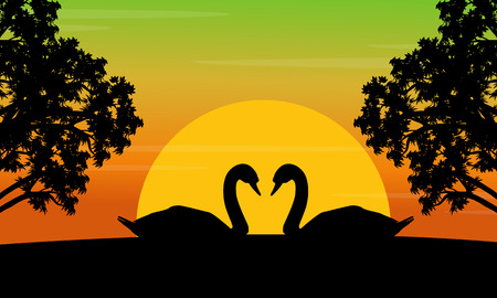 Silhouette of swan on the hill sceneryのイラスト素材