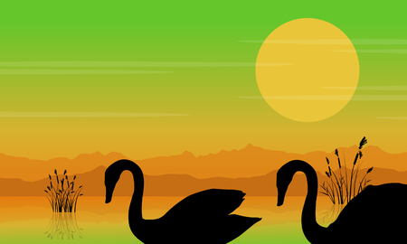 Silhouette of swan at sunrise beauty sceneryのイラスト素材