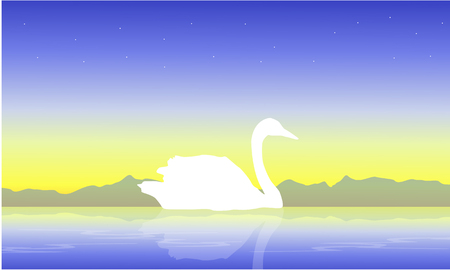 White swan on lake scenery silhouettesのイラスト素材