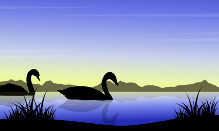 Silhouette of swan on river sceneryのイラスト素材