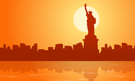 At sunset liberty building scenery silhouettesのイラスト素材
