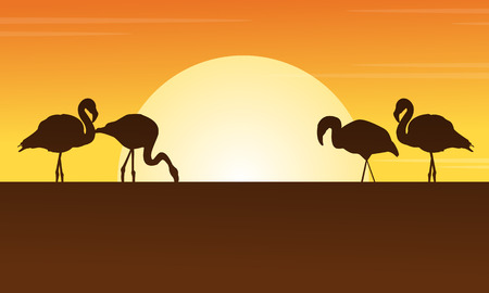 Modern illustration of a hand drawn At sunset flamingo scene silhouettesのイラスト素材