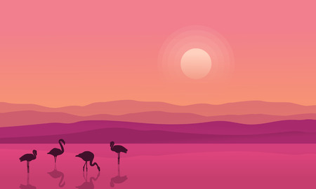 At sunrise lake scene with flamingo silhouettes illustrationのイラスト素材