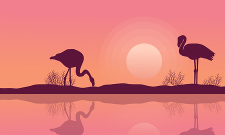 Modern illustration of a hand drawn Lake landscape with flamingo silhouetteのイラスト素材