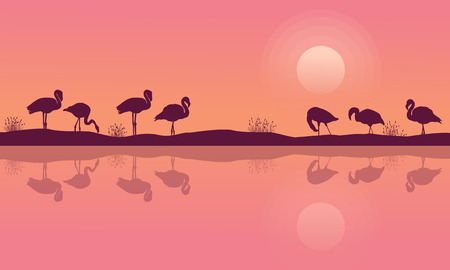 Flamingo on riverbank scene silhouette collectionのイラスト素材