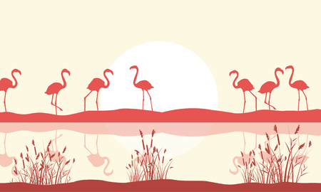 Illustration flamingo scene on lake silhouetteのイラスト素材