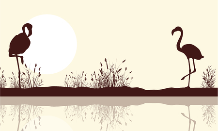 Beautifuln lake landscape and flamingo silhouettesのイラスト素材