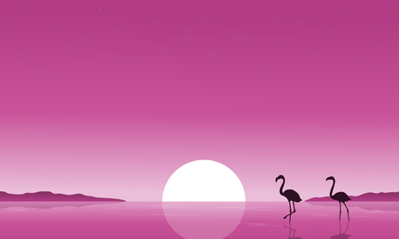 Collection stock of flamingo on lake sceneryのイラスト素材