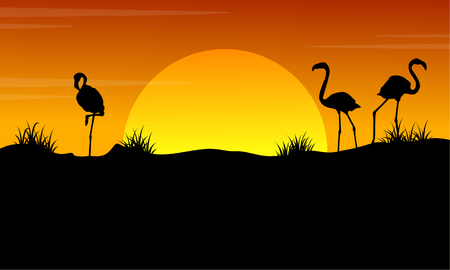 At sunset with flamingo silhouette landscapeのイラスト素材