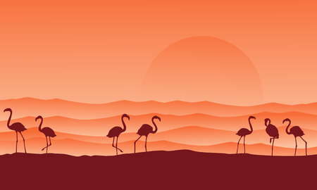 desert scenery with flamingo silhouettesのイラスト素材