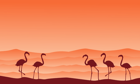 Collection hill scenery with flamingo silhouettesのイラスト素材