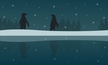 Silhouette of penguin with reflection scenery illustration.のイラスト素材