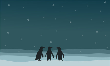 Penguin walking on snow scenery silhouette styleのイラスト素材