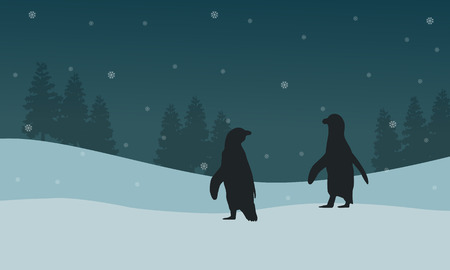 Silhouette penguin and spruce landscape vector illustration.のイラスト素材