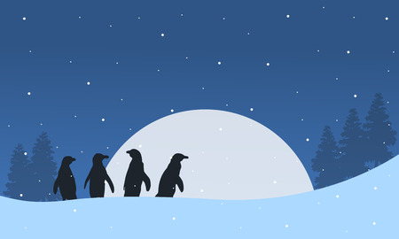Silhouette penguin with moon landscapeのイラスト素材