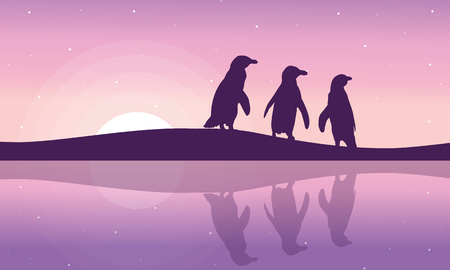 Penguin on the riverbank silhouette landscape illustration.のイラスト素材