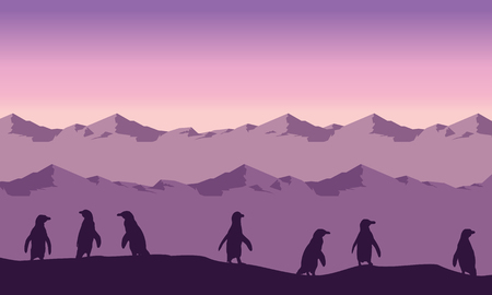 Silhouette of penguin lined on hill landscapeのイラスト素材