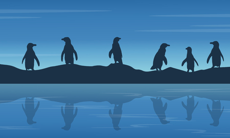penguin on hill at night landscape vector illustrationのイラスト素材