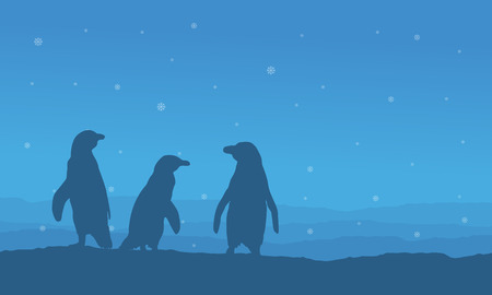 Penguin on snow hill landscape silhouettes vector illustrationのイラスト素材