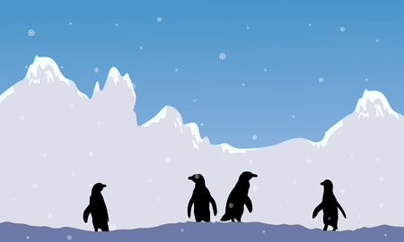 Snow mountain scenery with penguin silhouette vector illustrationのイラスト素材