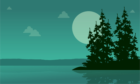 Lake scenery with spruce silhouette collectionのイラスト素材