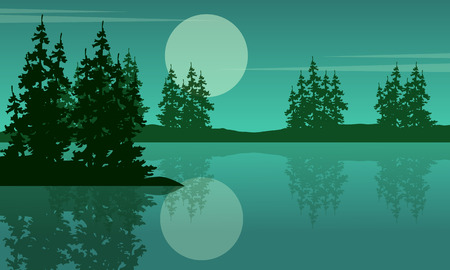 Beauty scenery lake with spruce silhouettesのイラスト素材