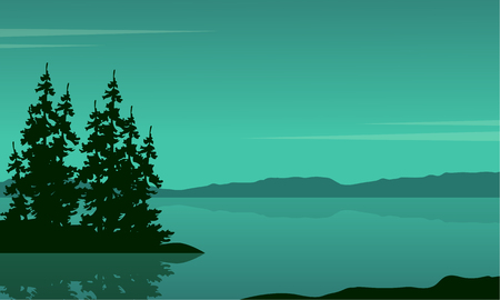Lake scene with spruce silhouetteのイラスト素材