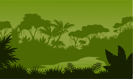 Silhouette of forest with river scenery vector illustrationのイラスト素材