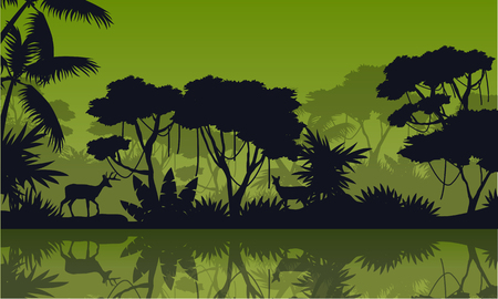 Silhouette rain forest with lake scenery vector illustrationのイラスト素材