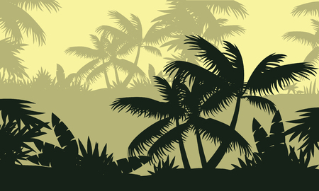 Silhouette of palm tree on forest landscapeのイラスト素材