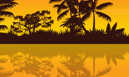 River scenery on jungle scenery silhouette vector artのイラスト素材