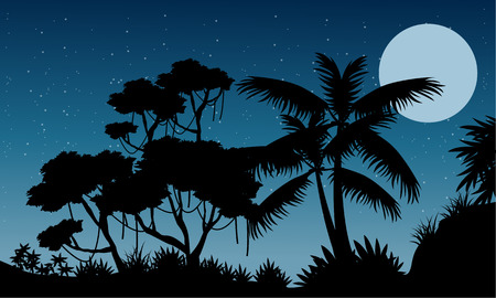 Landscape jungle at the night silhouette styleのイラスト素材