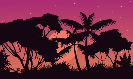 Landscape forest at the morning with tree silhouetteのイラスト素材