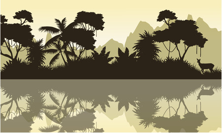 Silhouette of jungle with mountain background sceneryのイラスト素材
