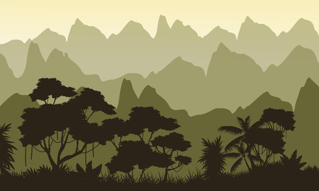 Landscape jungle on mountain background silhouetteのイラスト素材