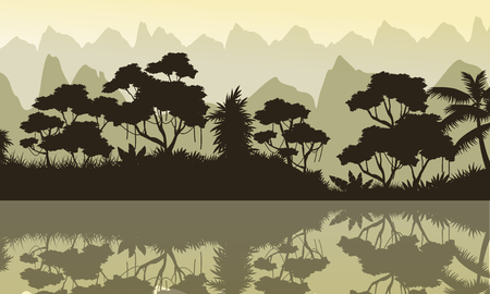 Beauty scenery of jungle and lake silhouetteのイラスト素材