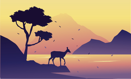 Silhouette of deer on riverbank landscapeのイラスト素材