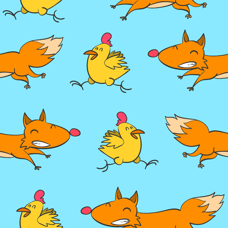 Colorful fox and chick doodle styleのイラスト素材