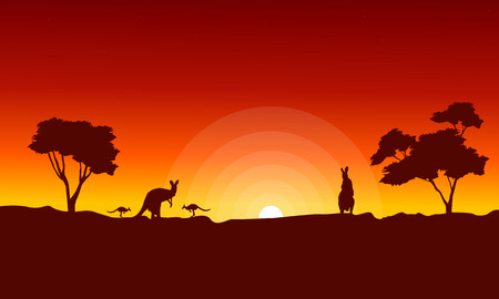 Kangaroo with red sky landscape silhouette vector artのイラスト素材