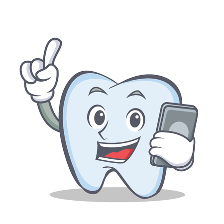 Tooth character cartoon style with phone vector illustrationのイラスト素材