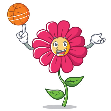 Playing basketball pink flower character cartoon vector illustrationのイラスト素材