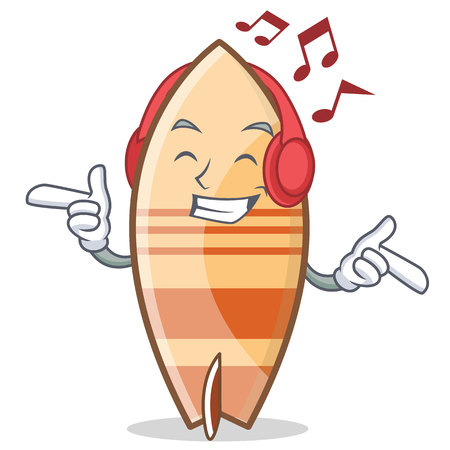 Listening music surfboard character cartoon style vector illustrationのイラスト素材
